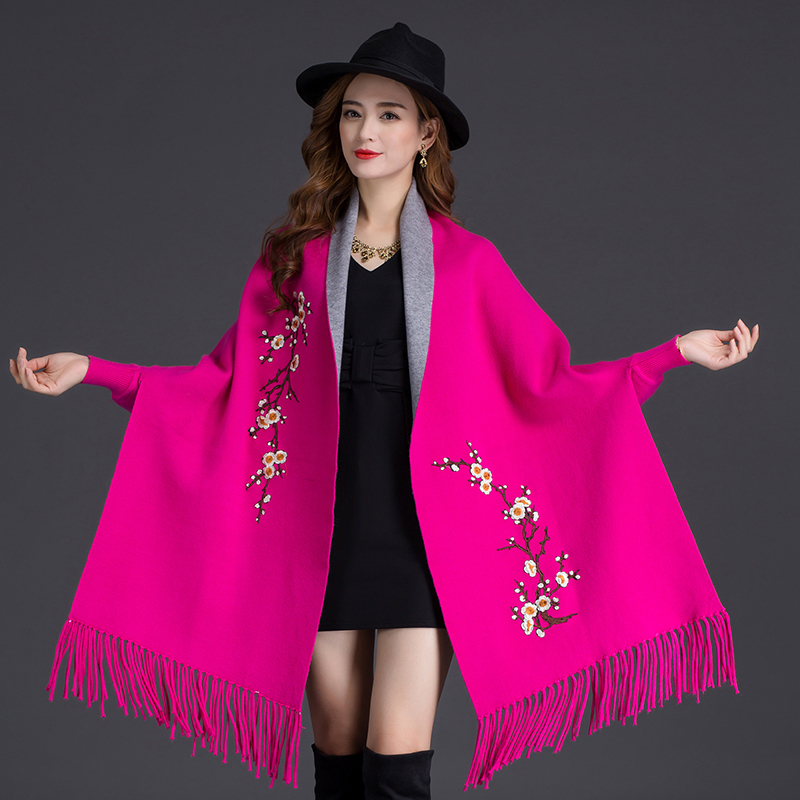 Autumn Winter Can Wear Shawl Scarf Dual-use Embroidery With Sleeves Wool Cashmere Thick Tassel Cloak Female 210218