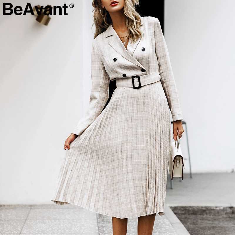 BeAvant Double breasted office dress women Elegant a line sashes plaid blazer dresses female Long sleeve pleated ladies vestidos 210709