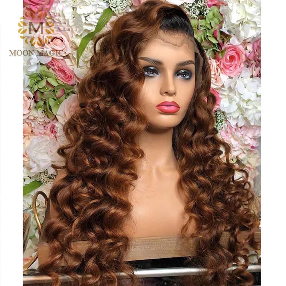 New Deep Wave Brown Ombre Colored Lace Frontal Wig Human Hair Wig 180 Density Synthetic Wig For Black Women