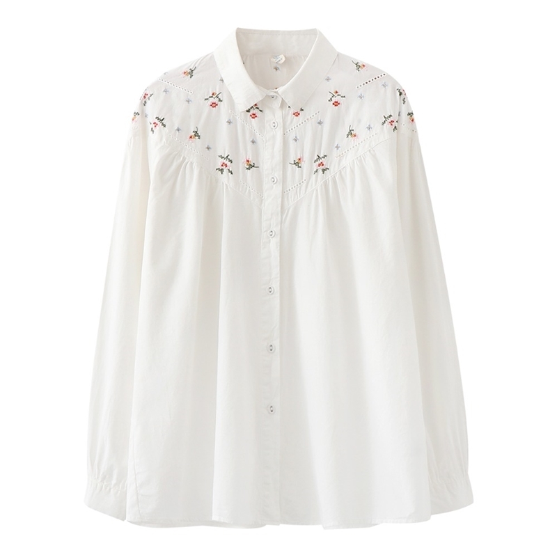 Lamtrip Flowers Embroidery Plaid White Cotton Long Sleeve Shirt Blouse Mori Girl 210225