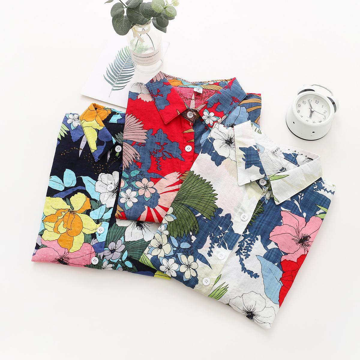 summer cotton Hawaii shirts 3colors floral Women Blouses Long Sleeve Shirt Camisas Femininas Female Tops Fashion Shirt 210225