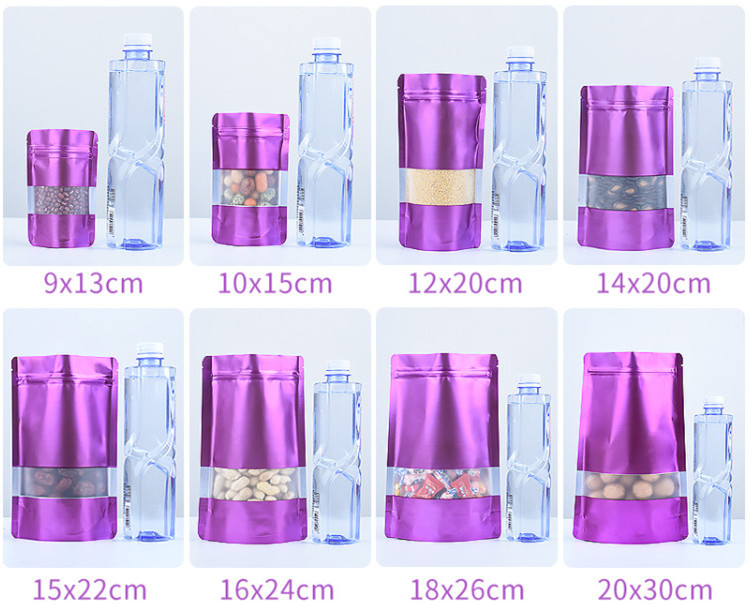 100pcs Stand up Matte Purple Window Zip Lock Aluminum Foil Bag Resealable Meat Coffee Powder Snack Nuts X-mas Wedding Gifts Heat Sealing Packaging Pou