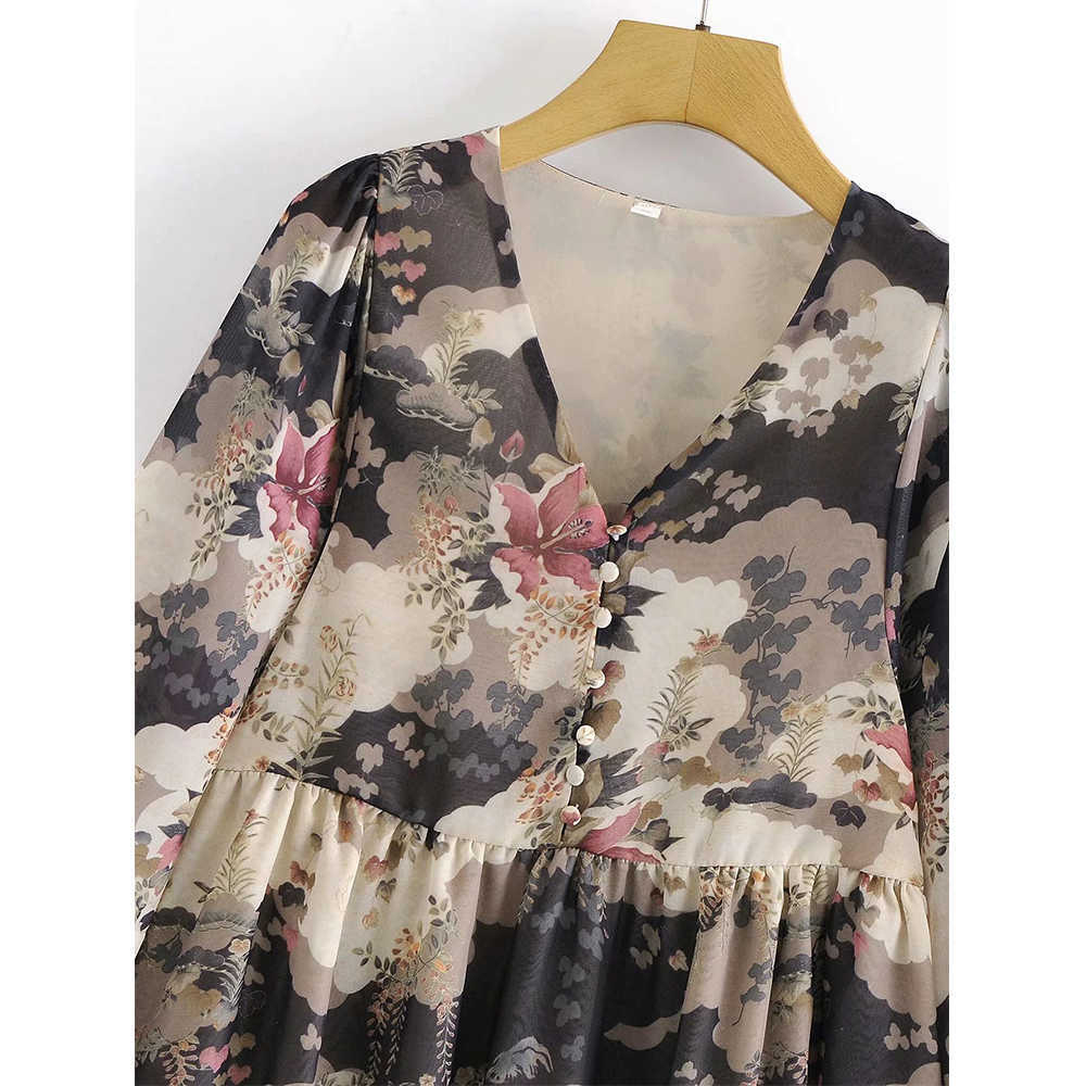 Women Dress Printed V-neck Long Puff Sleeves Lined Vintage Casual Short Dress Woman Dresses 210709