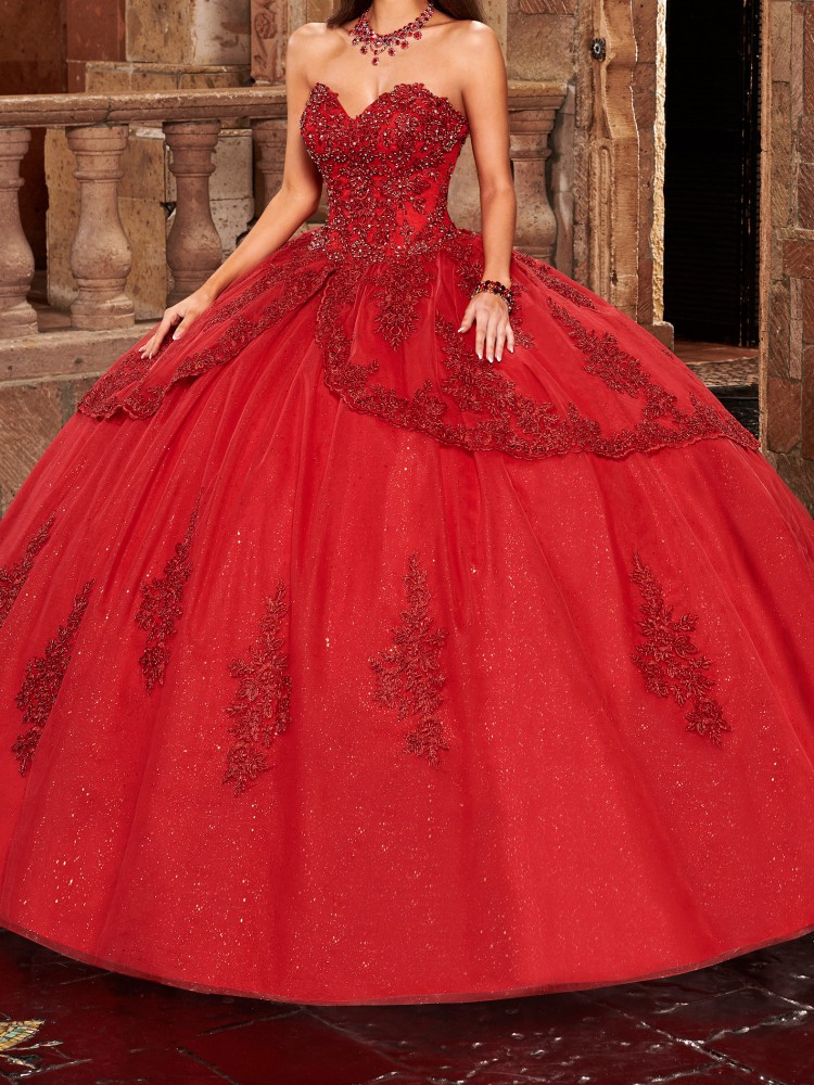 Carmina Quinceanera Dresses In Champagne Gold, Red Color Prom Gowns Floral Applique with Beaded Sequins Classic Tonal Embroidered Tulle