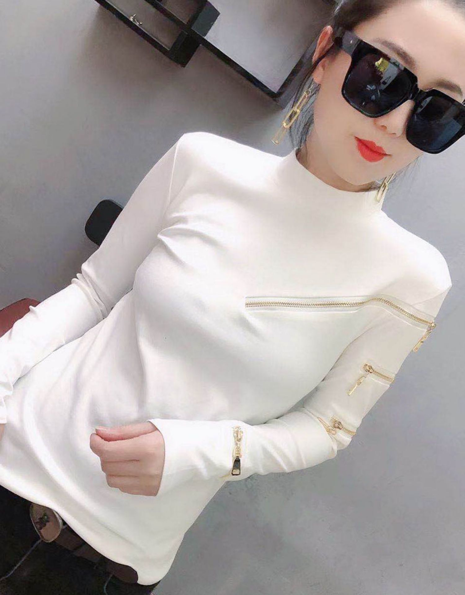Zipper Deco Women T-shirts Femme Strechy Cotton T-shirts Lady Zipper Pullovers Tp[s 210302
