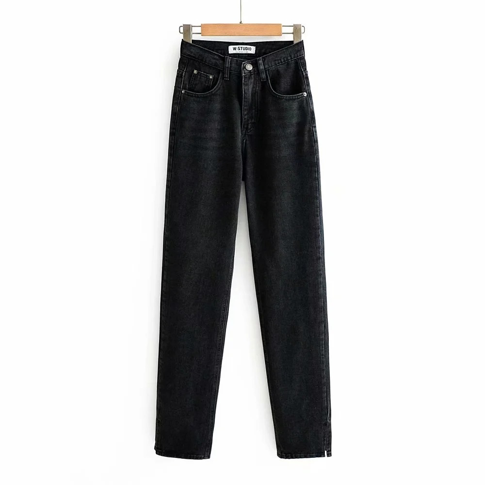 Women high waist jeans pant Spring loose solid denim jeans pants Button Summer retro ladies zipper blue denim Floor split pants 210222