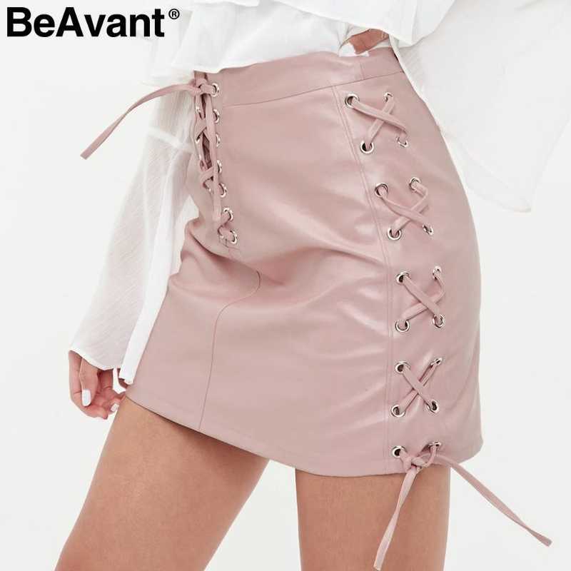BeAvant Sexy lace up PU leather skirts summer Casual high waist mini skirts women Autumn winter black skirts female bottom 210709, Pink
BeAvant Sexy lace up PU leather skirts summer Casual high waist mini skirts women Autumn winter black skirts female bottom 210709, Pink