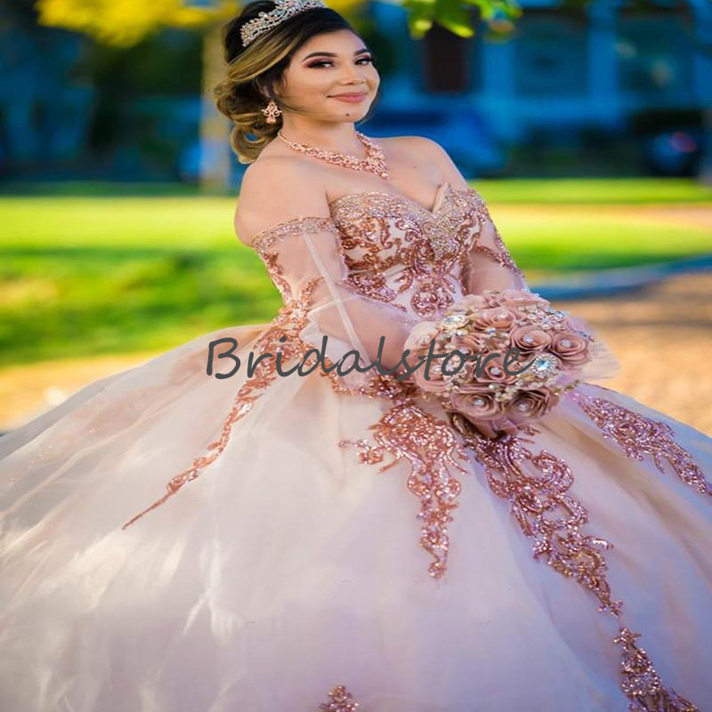Sparkly Rose Gold Sequin Quinceanera Dresses Elegant Sweetheart Plus Size Prom Party Dress 2021 Beaded Fluffy Tulle Mexican Sweet 15 Dress