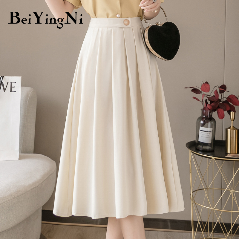 Beiyingni Elegant Pleated Women Skirt Midi Solid Color Work Wear Vintage Fashion High Waist Skirts Casual Black Jupe Femme 210309