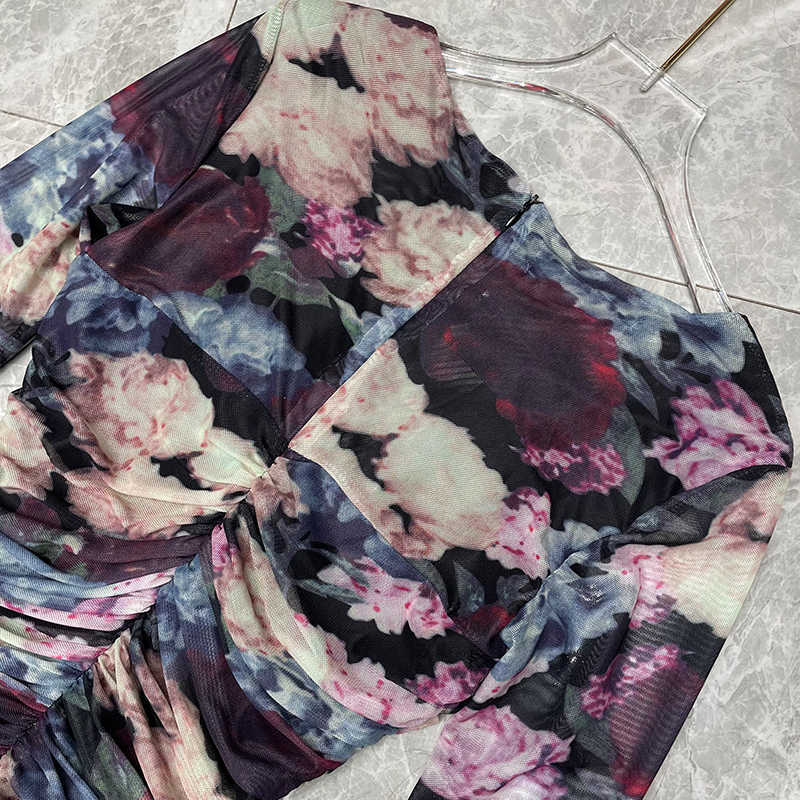 DEAT Spring Arrivals V-neck High Waist Long Sleeve Zipper Print Mesh Slim Buttocks Dress MZ496 210709