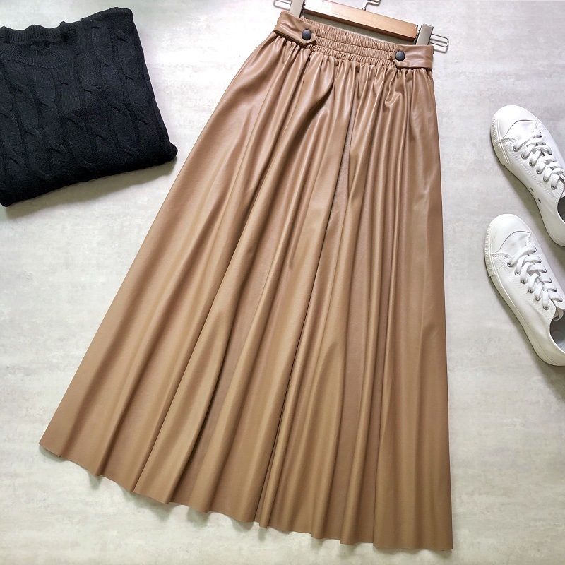 Neophil Ladies PU Fur Faux Leather Midi Skirts Winter Solid Fashion Pleated High Waist Vintage Women Skirts Longa Saia S9729 210309