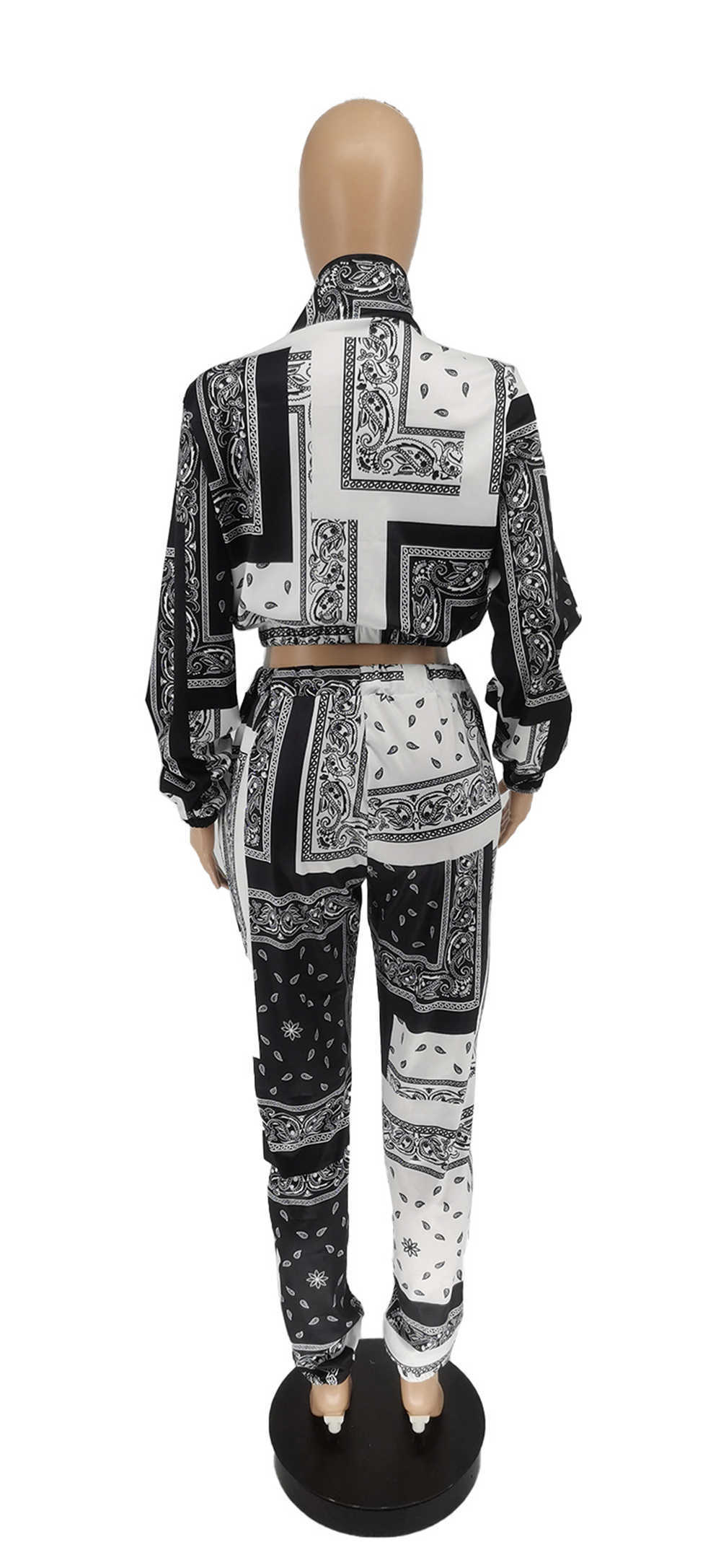 Tsuretobe Bandanna Print Two Piece Set Women Crop Jacket Baggy High Waist Pants y2k Tracksuit Women Fashion Birthday Outfits Y0625