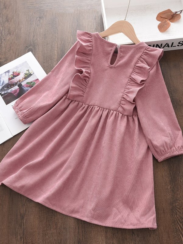 Toddler Girls Ruffle Trim Corduroy Smock Dress SHE