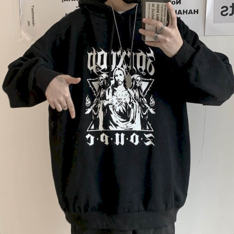 Autumn winter gothic hoodies men clothes punk tops Korean ins retro dark character print loose plus velvet hooded sweater coat 201103