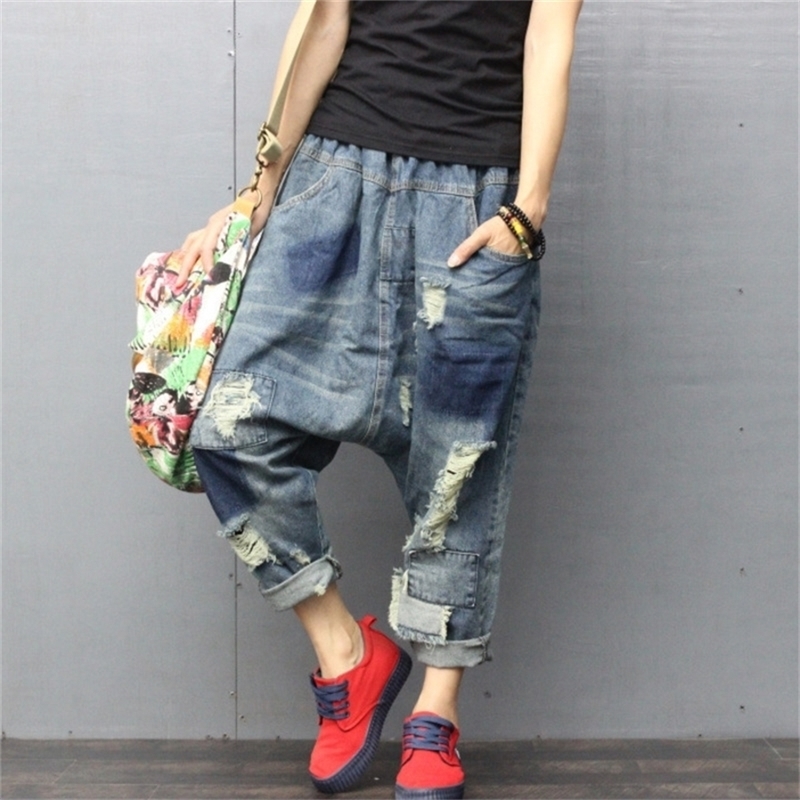 SHENGPALAE Spring Casual Blue Pleated Patchwork Elastic Hole Mid Waist Loose Fashion Full Length Harem Pants Women OA723 201113