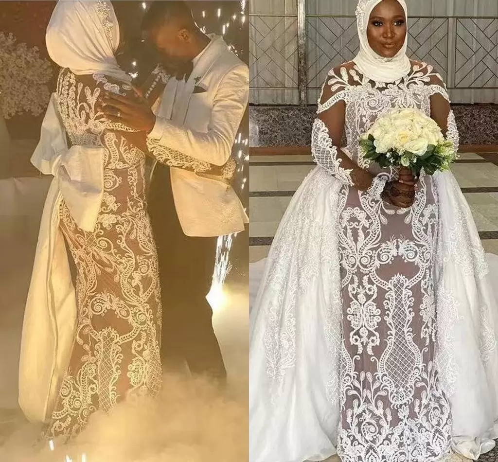 Plus Size Muslim Mermaid Wedding Dresses Bridal Gown With Detachable Train Satin Bow Lace Applique Long Sleeves Custom Made Designer African Vestido D