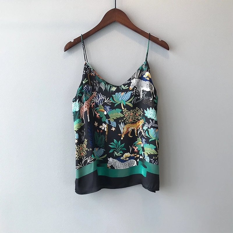 Tank Top Women Satin Loose Plus Size Tropical Jungle Folk Style Print V-neck Shoulder Strap Halter Vest Female Undershirt Summer 210308