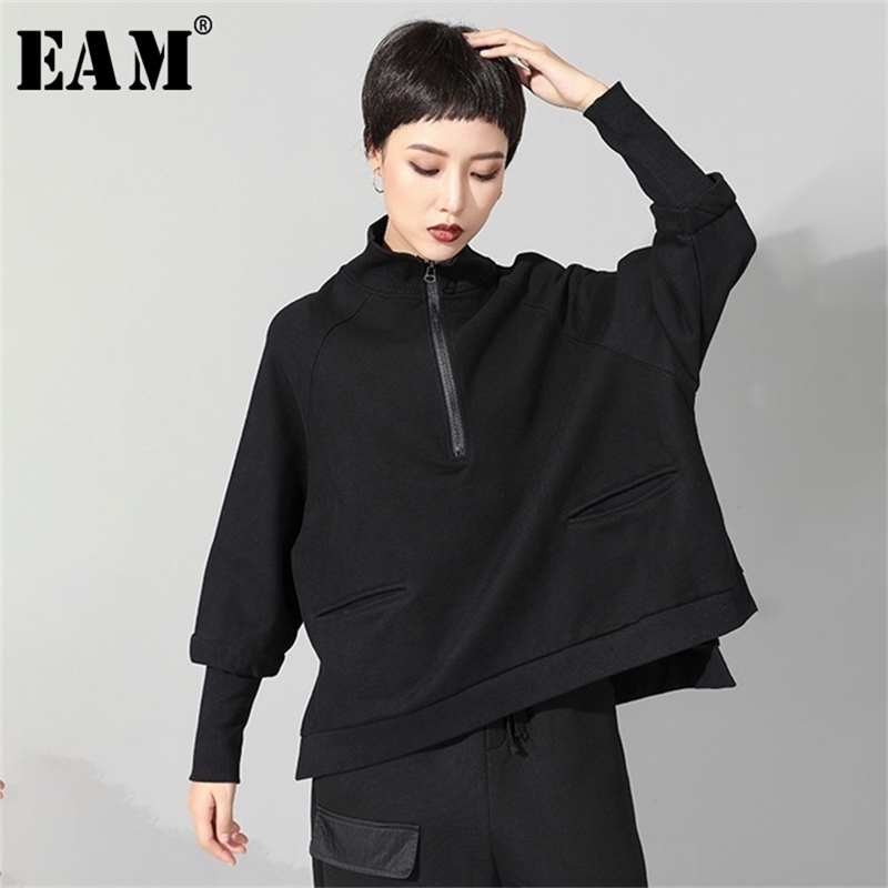 [EAM] New Spring Autumn Stand Collar Long Sleeve Black Zipper Split Joint Big Size Sweatshirt Women Fashion Tide LJ201130