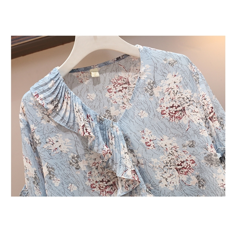 Summer Plus Size 5XL 2 Piece Set Women VNeck Ruffles Floral Chiffon Shirt Tops Mesh Patchwork Denim Skirt Two Piece Set Suit T200608