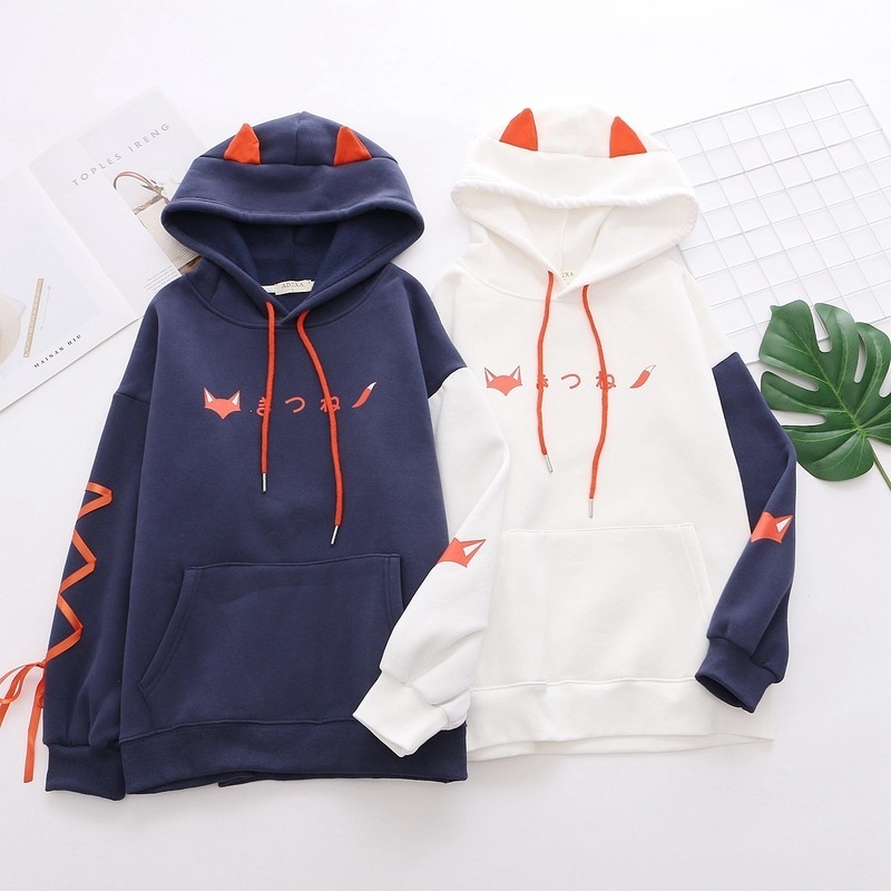 Thicken Sweet Style Hooded Sweatshirts Women Autumn Winter Fox Print Hit Color Loose Hoodies Student Cute Fleece Warm Clothing 201211