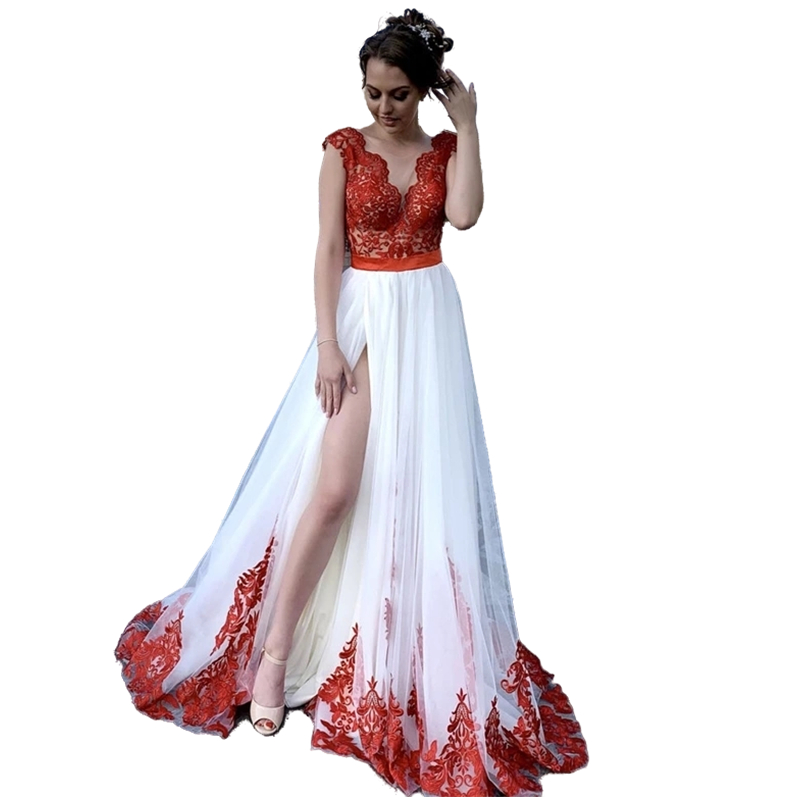 Sexy Split A Line Beach Wedding Dress White And Red Bride Formal Gowns 2022 Illusion V-neck Sleeveless Backless Floor Length Tulle Bridal Dresses Appl
