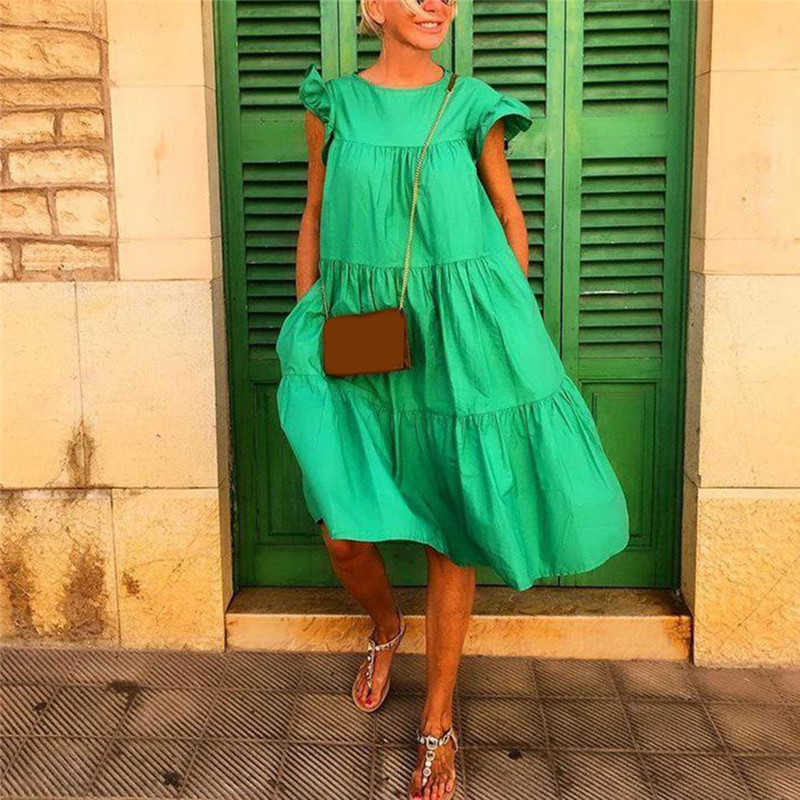 Women Dress Short Sleeve Pleated Long Dresses Fashion Bohemian Dress Solid Loose Summer Dresses Plus Size White Black 210630