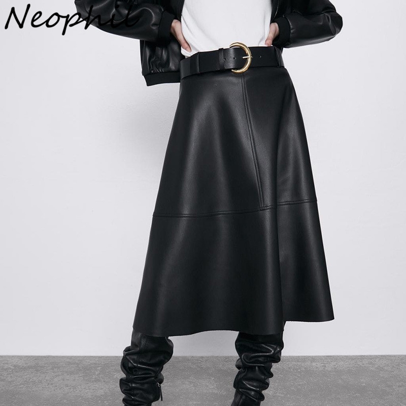 Neophil Vintage Women Leather Midi Skirts PU Faux Winter Warm Fashion Sashes A-Line High Waist Flare Belt Skirt Longa Saia S9730 210309