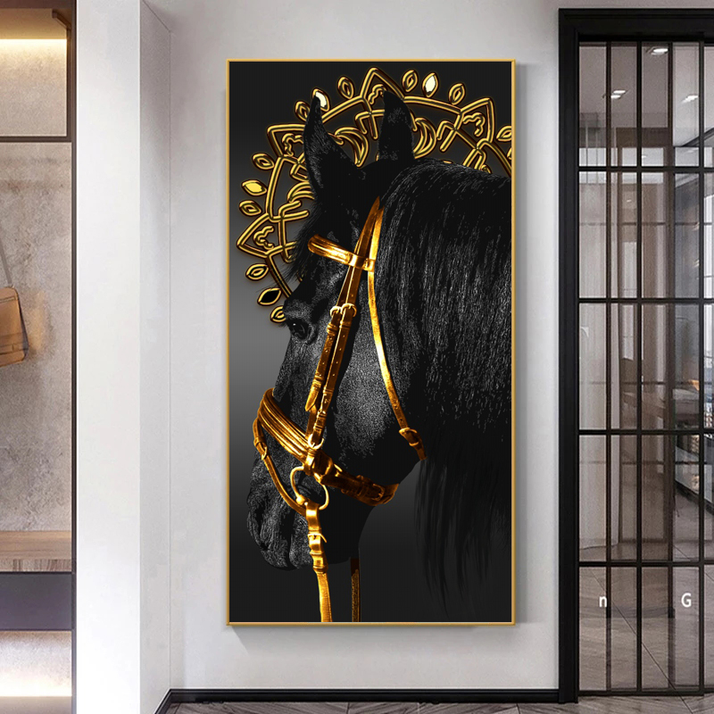 Golden Black Horse Poster Animal Canvas Prints Wall Art Pictures For Living Room Entrance Painting Modern Home Decor Cuadros