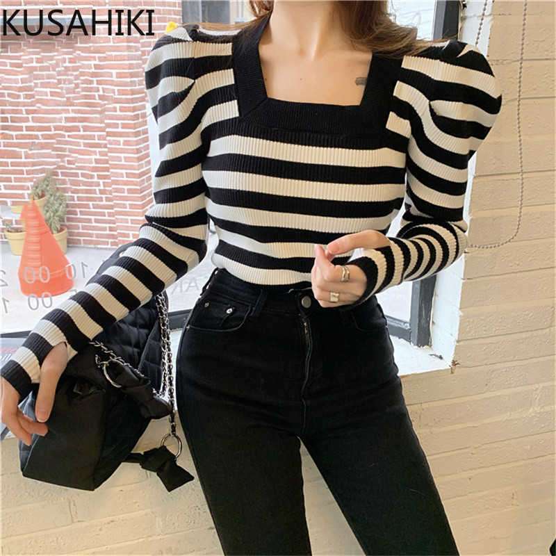 KUSAHIKI Korean Black White Stripe Pullover Knitwear Square Collar Puff Sleeve Women Sweater Spring Knitted Tops 6F257 210602
KUSAHIKI Korean Black White Stripe Pullover Knitwear Square Collar Puff Sleeve Women Sweater Spring Knitted Tops 6F257 210602