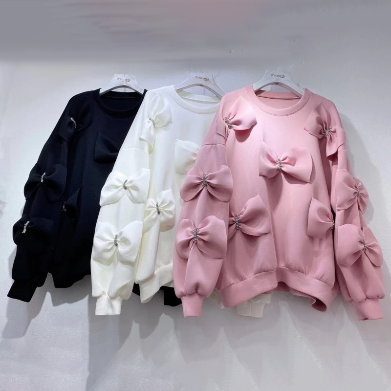 DEAT Autumn/winter New Women Casual Long Sleeve Round Neck Pullovers Bow Decoration Loose Cotton Sweatshirt RC106 201204