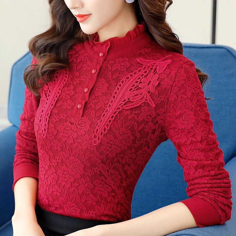 Women Long Sleeve Lace Shirt & Blouses Feminine Stand Bottom Tops Blouse Winter Autumn Plus Size 4XL 5XL 210225