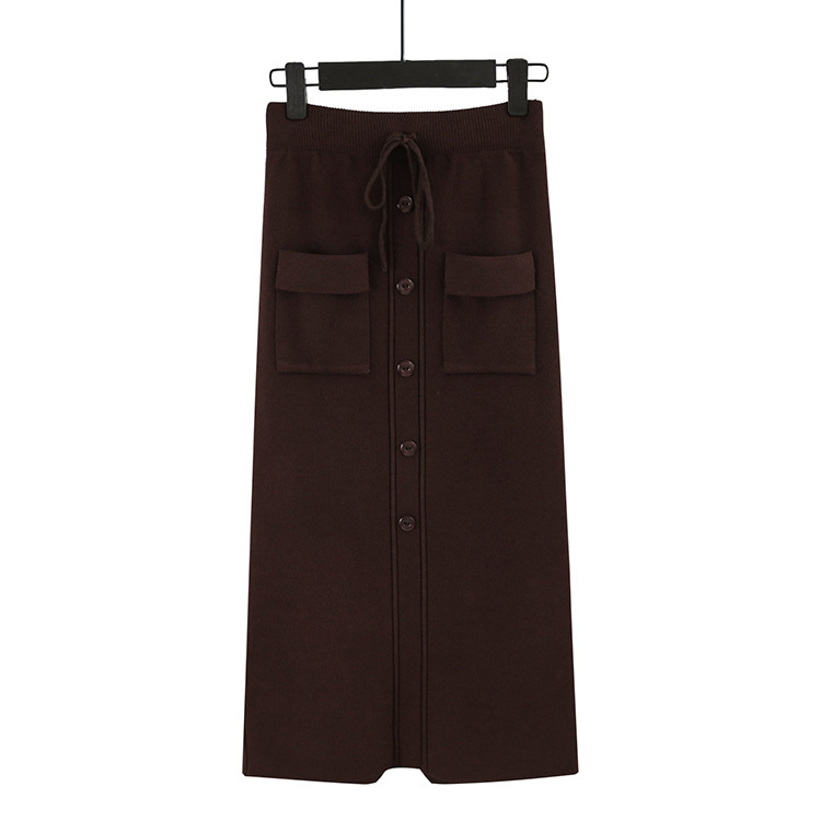 HLBCBG Women Elastic Waist Drawstring Skirts Knitted Medium Long Skirts Autumn Winter Midi Tutu Skirt With Pocket & Button 210309