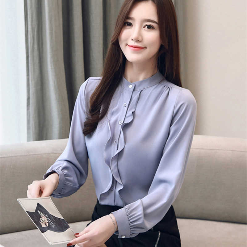 Korean Chiffon Women Blouses Shirt Wome Long Sleeve Shirts Office Lady Ruffles Blouse Tops Plus Size Blusas Mujer De Moda 210531