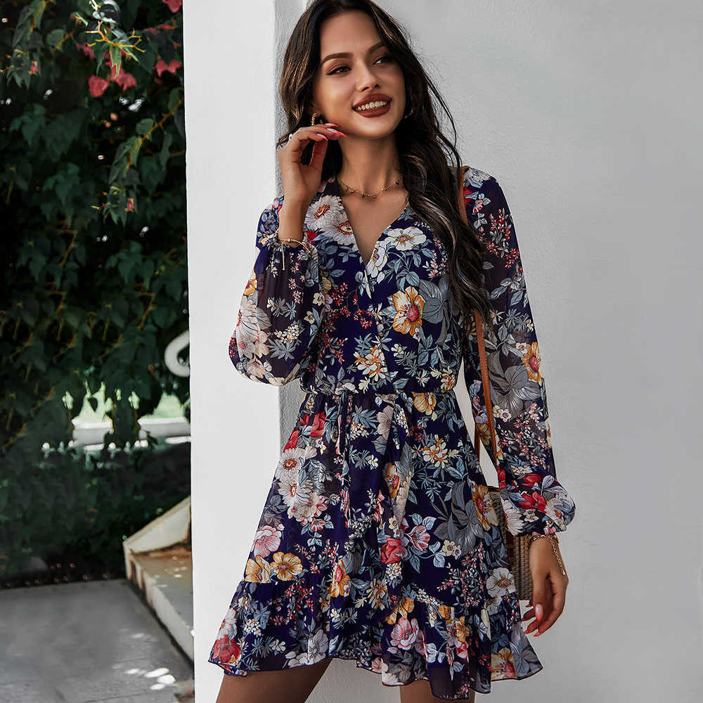 Women Floral printed dress Spring Summer V-neck long sleeve chiffon A-line Casual Slim female mini holidays Dress 210524