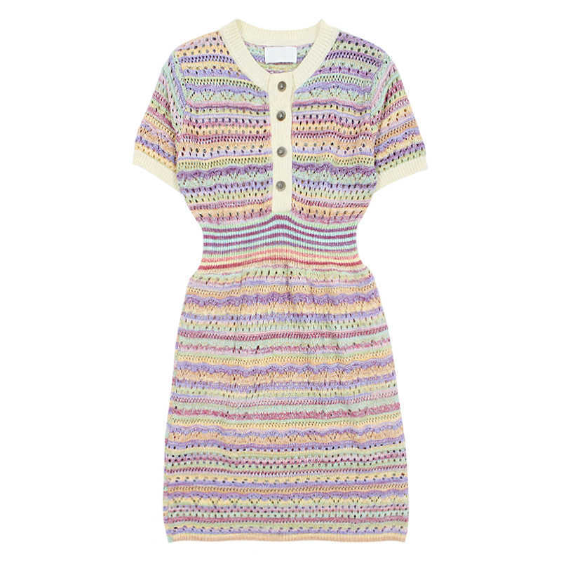 DEAT Women Knitting Hollow Out Striped Dress Round Neck Short Sleeve Lady Temperament Fashion Spring Summer 11D1953 210709