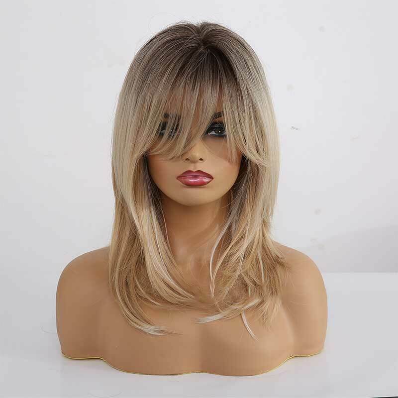 Fashion Shoulder Length Synthetic Wigs Ombre Brown Blonde Wigs with Bangs for Party Use