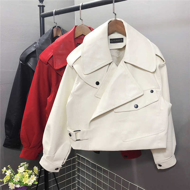 Spring Autumn Women Faux Leather Jacket Turndown Collar PU Motorcycle Loose Coat Female Cool Streetwear Outerwear 210909