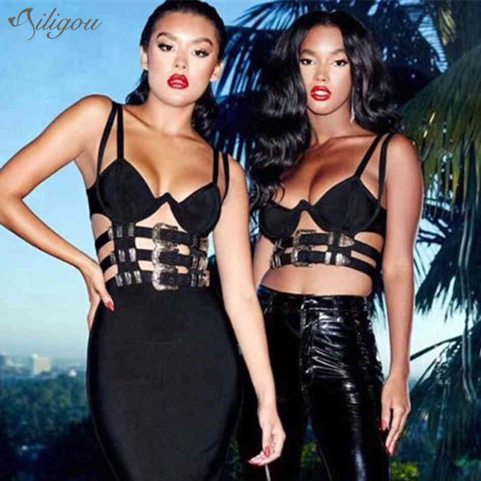 Ladies Sexy Bodycon Bandage Camisole Top Hollow Sleeveless Metal Belt Buckle Decorative Black 210525