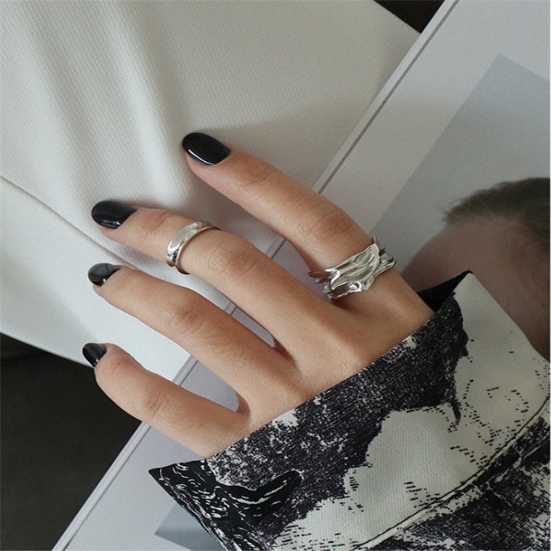 100% 925 Sterling Silver Irregular Rings For Women New Wide Surface Geometric Open Ring Adjustable anillos