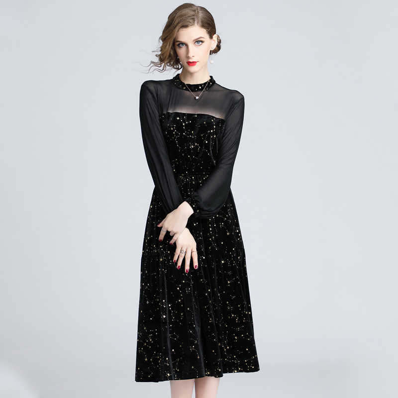 LY VAREY LIN Women Vintage Velvet Long Dress Elegant O Neck Lantern Sleeve Black Party Tulle Patchwork Slim Retro Vestidos 210526