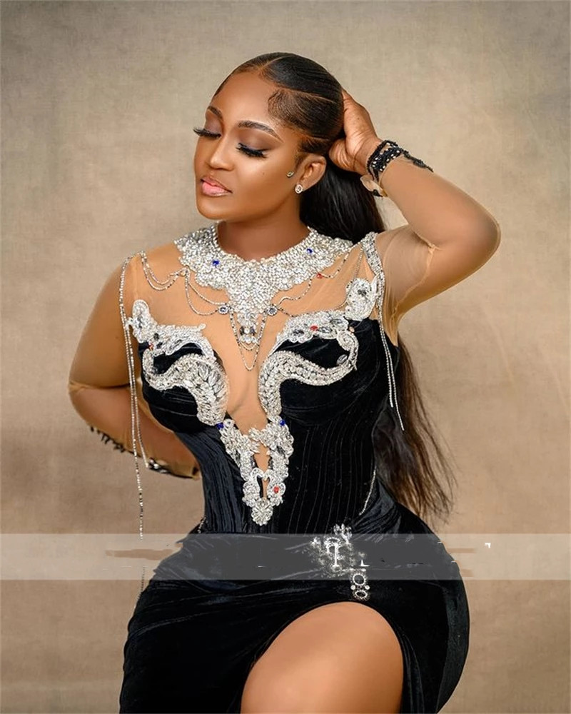 2022 Black Velvet Mermaid Prom Dress Sexy Sheer Neck High Slit Long Sleeves Plus Size Fromal Evening Party Gowns For Arabic Women