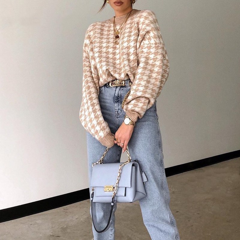 Women Casual Houndstooth Pullover Sweater Geometric Khaki Knitted Sweater Female Autumn Winter Retro Jumpers Tops Clothing 210218