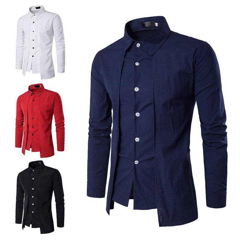 Men's Dress Shirts 2021 Men Spring Autumn Long Sleeve Button Down Slit Fit Formal Business Shirt White Black Red Blue