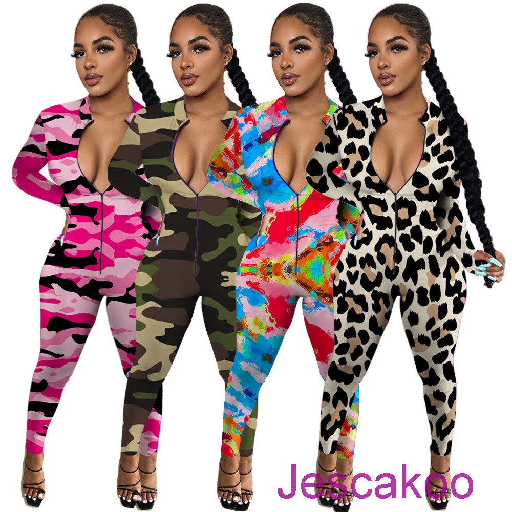 Women Jumpsuit Designer 2021 New Slim V Neck Camouflage Leopard Printed Bodysuit Long Sleeve Zipper Rompers Ladies Casual Jogging Clothing, Black -3
Women Jumpsuit Designer 2021 New Slim V Neck Camouflage Leopard Printed Bodysuit Long Sleeve Zipper Rompers Ladies Casual Jogging Clothing, Black -3