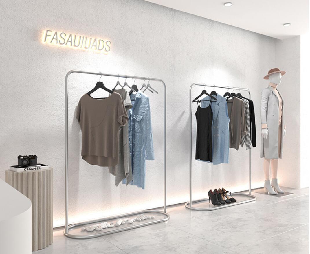 Clothing store display racks Commercial Furniture stainless steel silver show rack women's cloth shop simple Zhongdao combined floor hanger