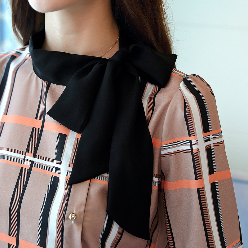 Dingaozlz Autumn Women OL blouse Bow tie Grid Tops Elegant Chiffon shirt Long sleeve korean fashion clothing blusa feminina 210225