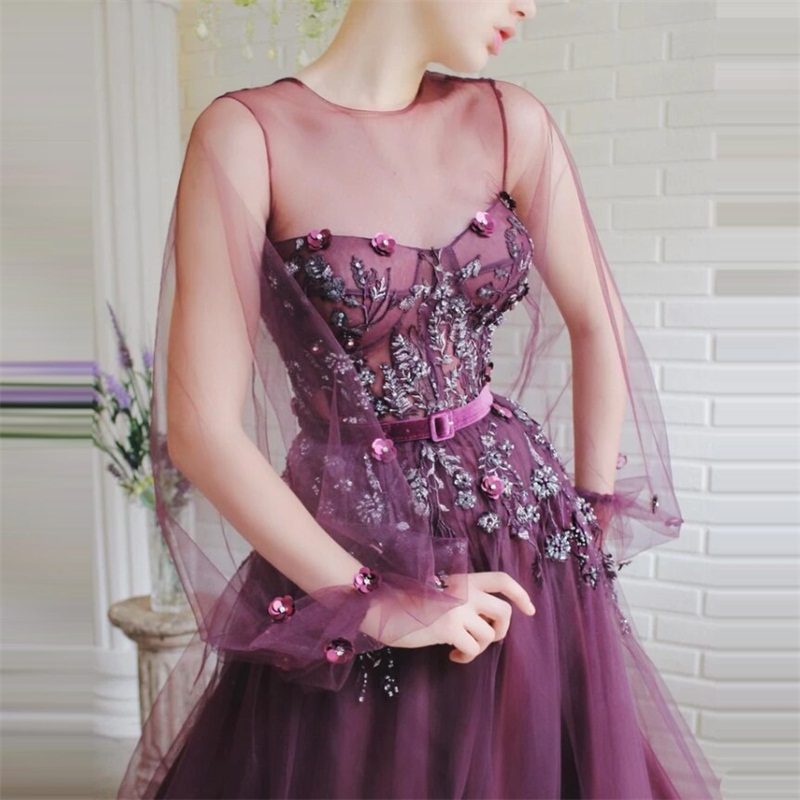 Floral Purple Prom Dresses With Belt Newest Beads Appliqued Lace Evening Dresses Long Sleeves Sweep Train A Line Party Gowns Custom Made