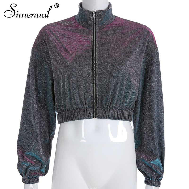 Simenual Sequin metallic women sweatshirt zipper long sleeve crop tops korean oversize turtleneck hoodies streetwear spring T200407