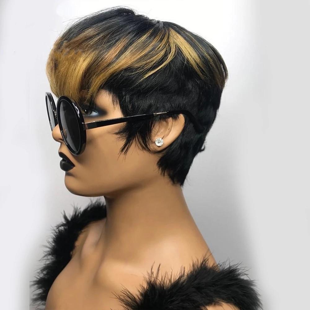 Ombre Blonde Color Short Wavy Bob Pixie Cut Wig Full Machine Made Non Lace Front Human Hair Wigs For Black Woman