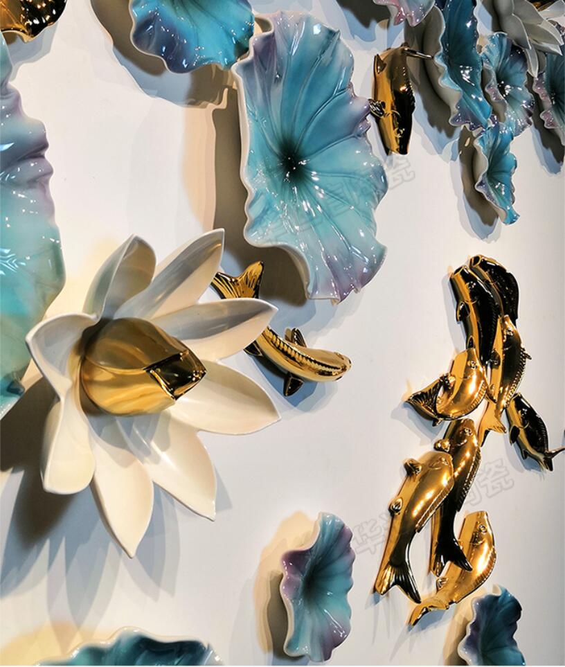 Background wall pendant living room Decorative Plates creative porch wall-ecoration hotel ceramic Lotus leaf fish wall decoration